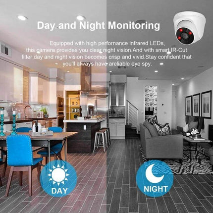 POE IP Camera for Home Security with Night Vision installed in modern open-plan kitchen and living room showing day and night monitoring
