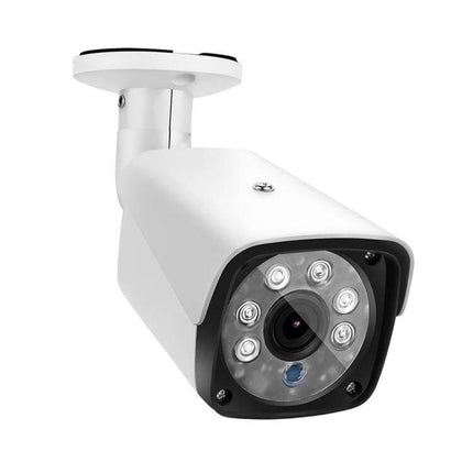 Outdoor Waterproof IP Camera for Home Security with Night Vision mounted white bullet camera showing lens and IR LEDs