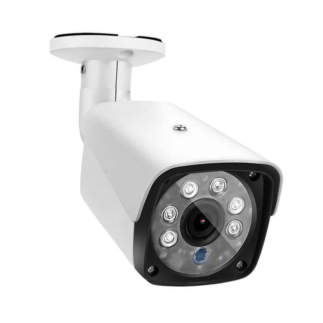 Outdoor Waterproof IP Camera for Home Security with Night Vision mounted white bullet camera showing lens and IR LEDs