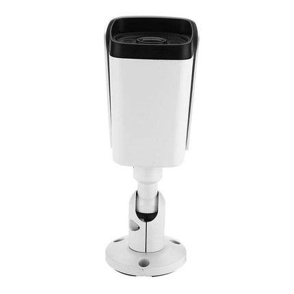 Weatherproof Security Bullet Camera with Night Vision for Indoor Outdoor Use mounted on adjustable white bracket, front view