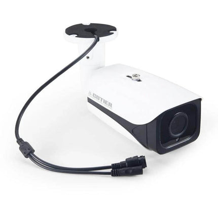Weatherproof Indoor Surveillance Camera with Zoom and Night Vision white bullet-style camera angled view with mounting bracket and cables