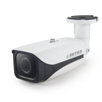 Weatherproof Indoor Surveillance Camera with Zoom and Night Vision mounted bullet-style white camera showing lens and bracket