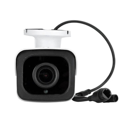 Weatherproof Indoor Surveillance Camera with Zoom and Night Vision mounted white bullet camera showing front lens and cable