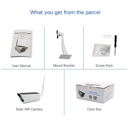 VESAFE Solar IP Camera for Outdoor Security and Night Surveillance - package contents: user manual, mount bracket, screw pack, solar WiFi camera, color box