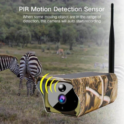 VESAFE Solar IP Camera for Outdoor Security and Night Surveillance camo solar camera showing PIR motion detection and night vision in wildlife setting