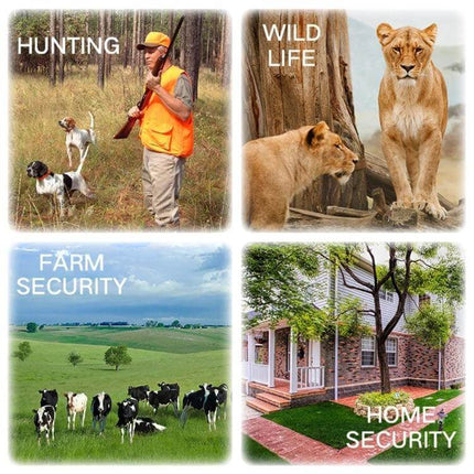 VESAFE Solar-Powered IP Camera for Outdoor Wildlife Monitoring - montage showing hunting, wildlife, farm security, home security scenes