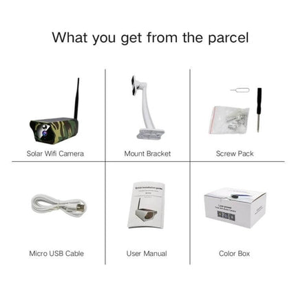VESAFE Solar-Powered IP Camera for Outdoor Wildlife Monitoring unboxed components: camera, mount bracket, screw pack, micro USB, manual, color box