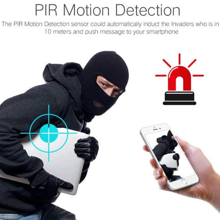 VESAFE Solar-Powered IP Camera for Outdoor Wildlife Monitoring showing PIR motion detection alert capturing a masked intruder and smartphone notification