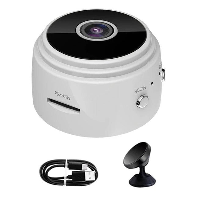 Wireless Network Camera for Home Security Monitoring - compact white WiFi indoor camera with USB cable and magnetic stand
