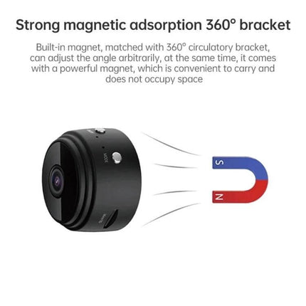 Wireless Network Camera for Home Security Monitoring showing compact magnetic 360° bracket for easy mounting and angle adjustment