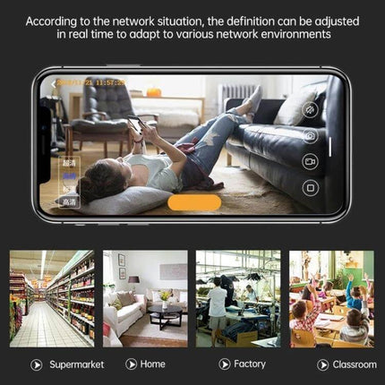 Wireless Network Camera for Home Security Monitoring showing mobile app live view of a person lounging at home and sample scenes (supermarket, home, factory, classroom)