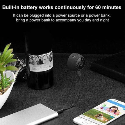 Wireless Network Camera for Home Security Monitoring compact camera with built-in battery connected to power bank and mobile app display