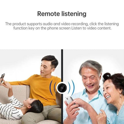 Wireless Network Camera for Home Security Monitoring showing remote listening via mobile app with family checking live audio and video