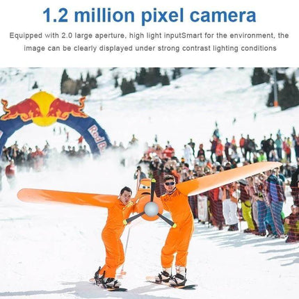 Versatile Outdoor Camera for Aerial Sports and Adventure Capture capturing skiers in bright snowy event with clear all-glass lens low-light adaptation