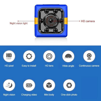 Versatile Outdoor Camera for Aerial Sports and Adventure Capture compact blue HD camera with night vision and wide-angle icons
