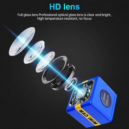Versatile Outdoor Camera for Aerial Sports and Adventure Capture with all-glass HD lens showing lens elements and compact blue camera