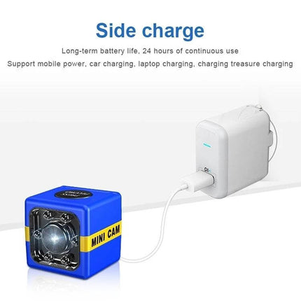 Versatile Outdoor Camera for Aerial Sports and Adventure Capture compact blue mini cam with side charge cable and all-glass lens for low-light motion recording