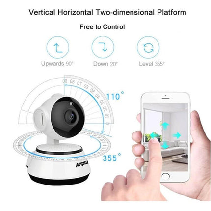 Anpwoo WiFi IP Camera for Home Monitoring with Night Vision showing 110° vertical and 355° horizontal rotation controlled via smartphone app