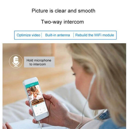 Anpwoo WiFi IP Camera for Home Monitoring with Night Vision showing app two-way intercom on phone for remote monitoring