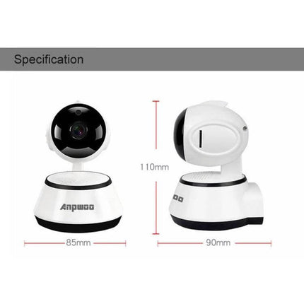 Anpwoo WiFi IP Camera for Home Monitoring with Night Vision white dome camera front and side view showing dimensions 85x90x110mm