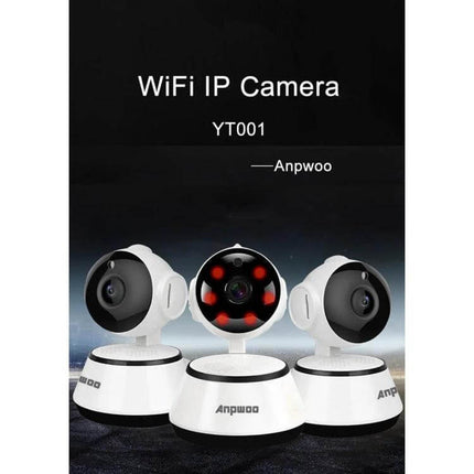 Anpwoo WiFi IP Camera for Home Monitoring with Night Vision - three white indoor cameras showing night vision LEDs and app remote viewing