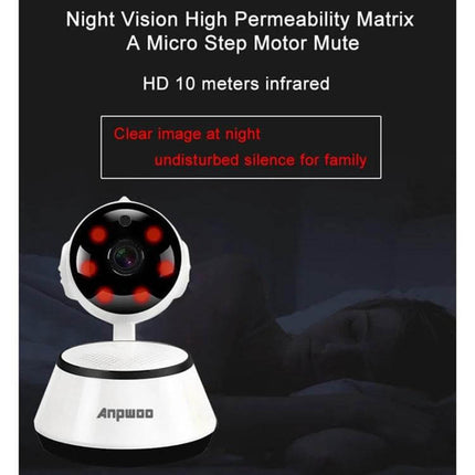 Anpwoo WiFi IP Camera for Home Monitoring with Night Vision showing camera unit with infrared LEDs and night vision text