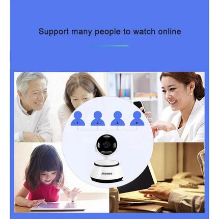 Anpwoo WiFi IP Camera for Home Monitoring with Night Vision showing family remotely viewing camera feed on phones and tablets
