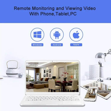Anpwoo WiFi IP Camera for Home Monitoring with Night Vision showing remote viewing on laptop, tablet and phone