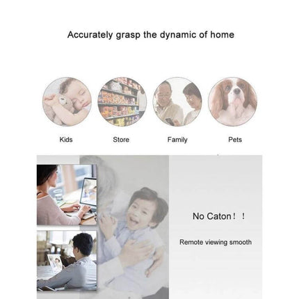 Anpwoo WiFi IP Camera for Home Monitoring with Night Vision showing remote viewing of kids family pets and store monitoring