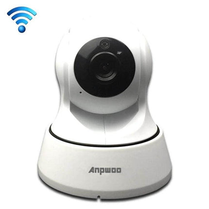 Anpwoo WiFi Camera for Home Security and Night Monitoring showing white 720P indoor WiFi camera with smartphone remote viewing and night monitoring features