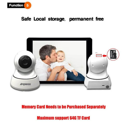 Anpwoo WiFi Camera for Home Security and Night Monitoring showing camera, tablet with father and baby, and TF card slot (supports up to 64GB)
