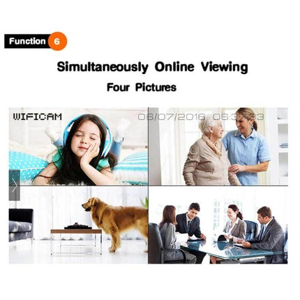 Anpwoo WiFi Camera for Home Security and Night Monitoring showing four simultaneous live views: child, elderly care, pet, and office monitoring