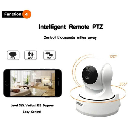 Anpwoo WiFi Camera for Home Security and Night Monitoring showing PTZ 355° horizontal and 120° vertical smart remote control with smartphone live view