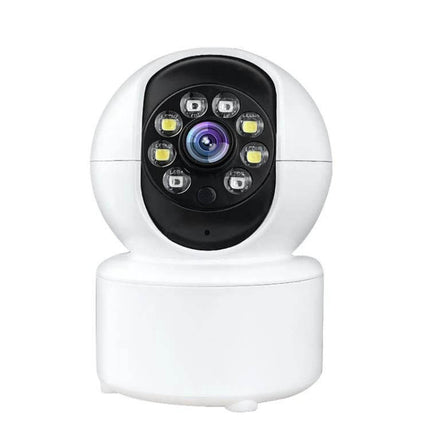 Home Surveillance Camera with 360 Degree View and Night Vision mounted in living room showing lens and LEDs, WiFi remote access and motion alerts