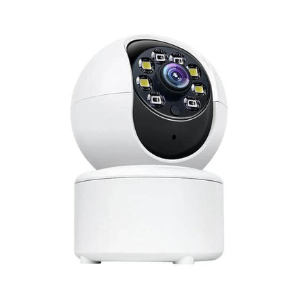 Home Surveillance Camera with 360 Degree View and Night Vision mounted in living room showing WiFi, mobile app access, motion detection and night vision