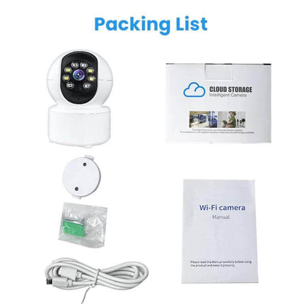 Home Surveillance Camera with 360 Degree View and Night Vision packing list showing camera, mount, USB cable, manual and cloud storage box