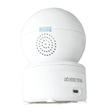 Home Surveillance Camera with 360 Degree View and Night Vision — white WiFi indoor dome camera with mobile app, motion alerts, mounted in living room