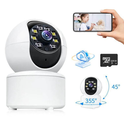 Home Surveillance Camera with 360 Degree View and Night Vision monitoring living room, WiFi remote access and motion alerts