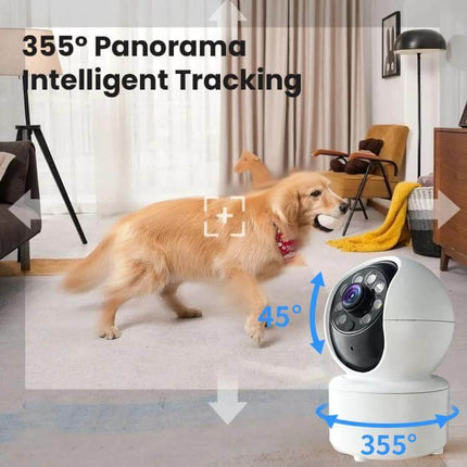 Home Surveillance Camera with 360 Degree View and Night Vision monitoring living room with dog, WiFi remote access, motion alerts, 355° panorama