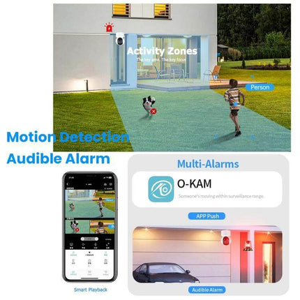 Home Surveillance Camera with 360 Degree View and Night Vision mounted showing motion detection zones, app alerts and audible alarm for home monitoring
