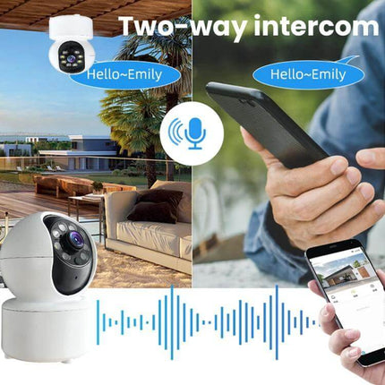 Home Surveillance Camera with 360 Degree View and Night Vision showing two-way intercom, mobile app remote access and motion alerts