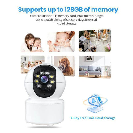Home Surveillance Camera with 360 Degree View and Night Vision showing white WiFi indoor camera, 360° view, night vision and 128GB support for home monitoring