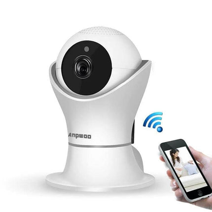 Anpwoo Hercules WiFi Security Camera for Home Monitoring with Night Vision showing white PTZ camera and mobile app remote viewing