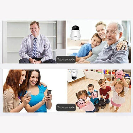 Anpwoo Hercules WiFi Security Camera for Home Monitoring with Night Vision showing family monitoring, two-way audio and mobile app remote view