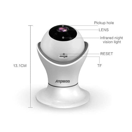 Anpwoo Hercules WiFi Security Camera for Home Monitoring with Night Vision white PTZ indoor camera showing lens, IR night vision light and TF slot