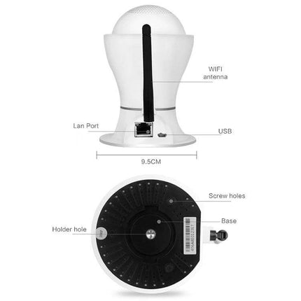 Anpwoo Hercules WiFi Security Camera for Home Monitoring with Night Vision showing rear view, WiFi antenna, LAN port, USB and underside base with screw and holder holes