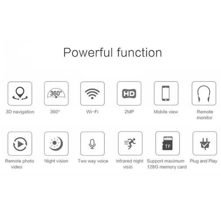 Anpwoo Hercules WiFi Security Camera for Home Monitoring with Night Vision showing icons for 360° PTZ, Wi-Fi, 1080P HD, night vision, two-way audio, mobile view, and TF card support
