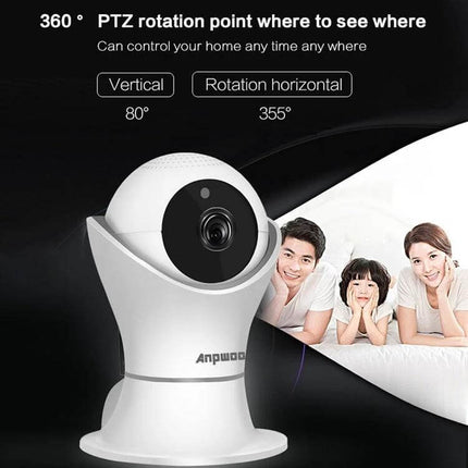 Anpwoo Hercules WiFi Security Camera for Home Monitoring with Night Vision showing PTZ 355° rotation, 1080P night vision and family monitoring via mobile app