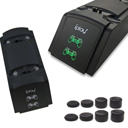 iPlay Charging Stand for PS4 Controllers in Home Gaming Sessions - dual USB charger dock for two PS4 controllers, compact black stand