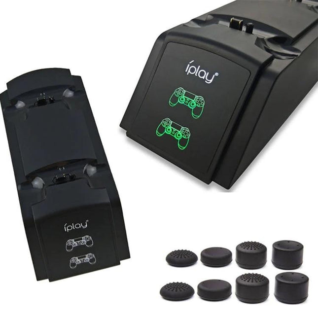 iPlay Charging Stand for PS4 Controllers in Home Gaming Sessions - dual USB charger dock for two PS4 controllers, compact black stand